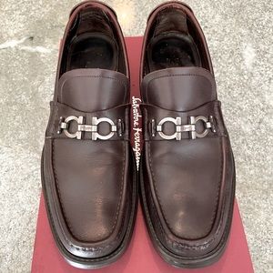 Ferragamo hickory calf square toe loafers